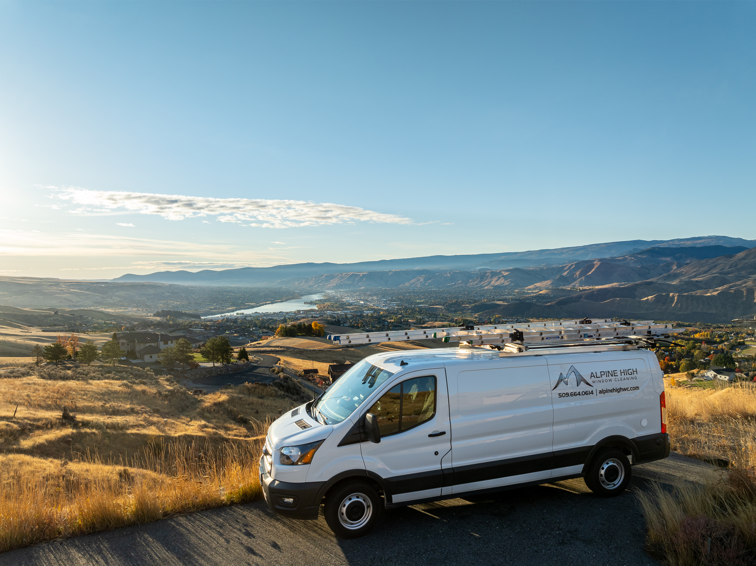 A view of the work can Alpine High Window Cleaning with the Wenatchee Valley in the background
